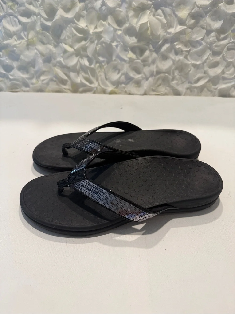 Vionic Black Sequin Strap Flip Flops with Iridescent Shine